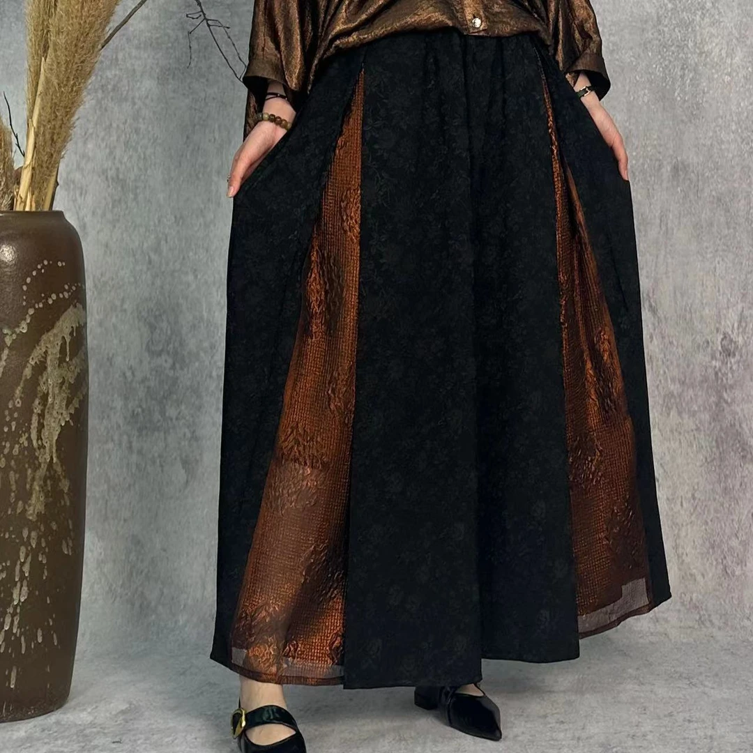 【大海轻奢】BF32469新款黑拼咖夏季提花设计师款时尚阔腿裤