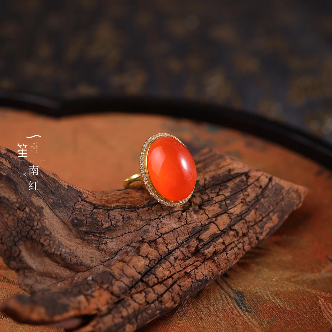 【一笙珠宝】天然南红冰红蛋面戒指18k金镶嵌