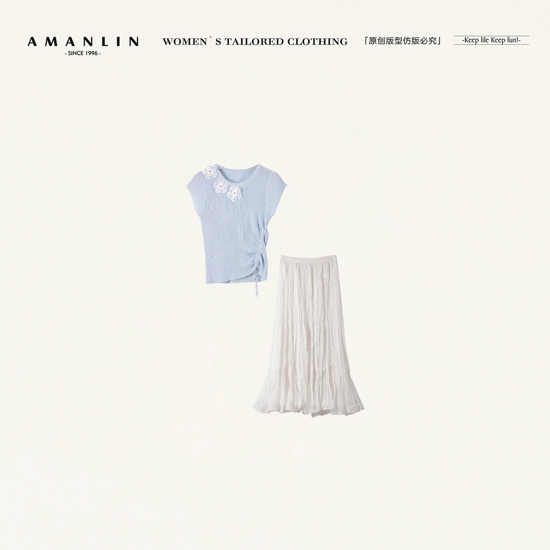 AMANLIN/阿谩琳欧若风花朵针织女百搭显瘦抽绳收腰两件套TY599156