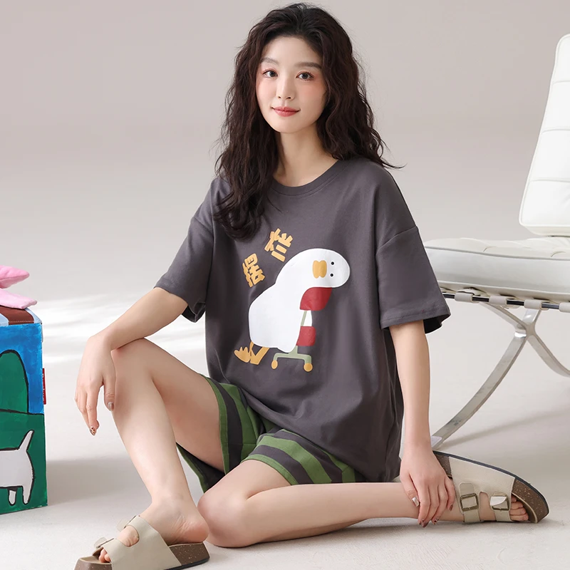 莉莉家女士夏季新款2025纯棉圆领短袖短袖摆烂鸭案睡衣套装可外穿