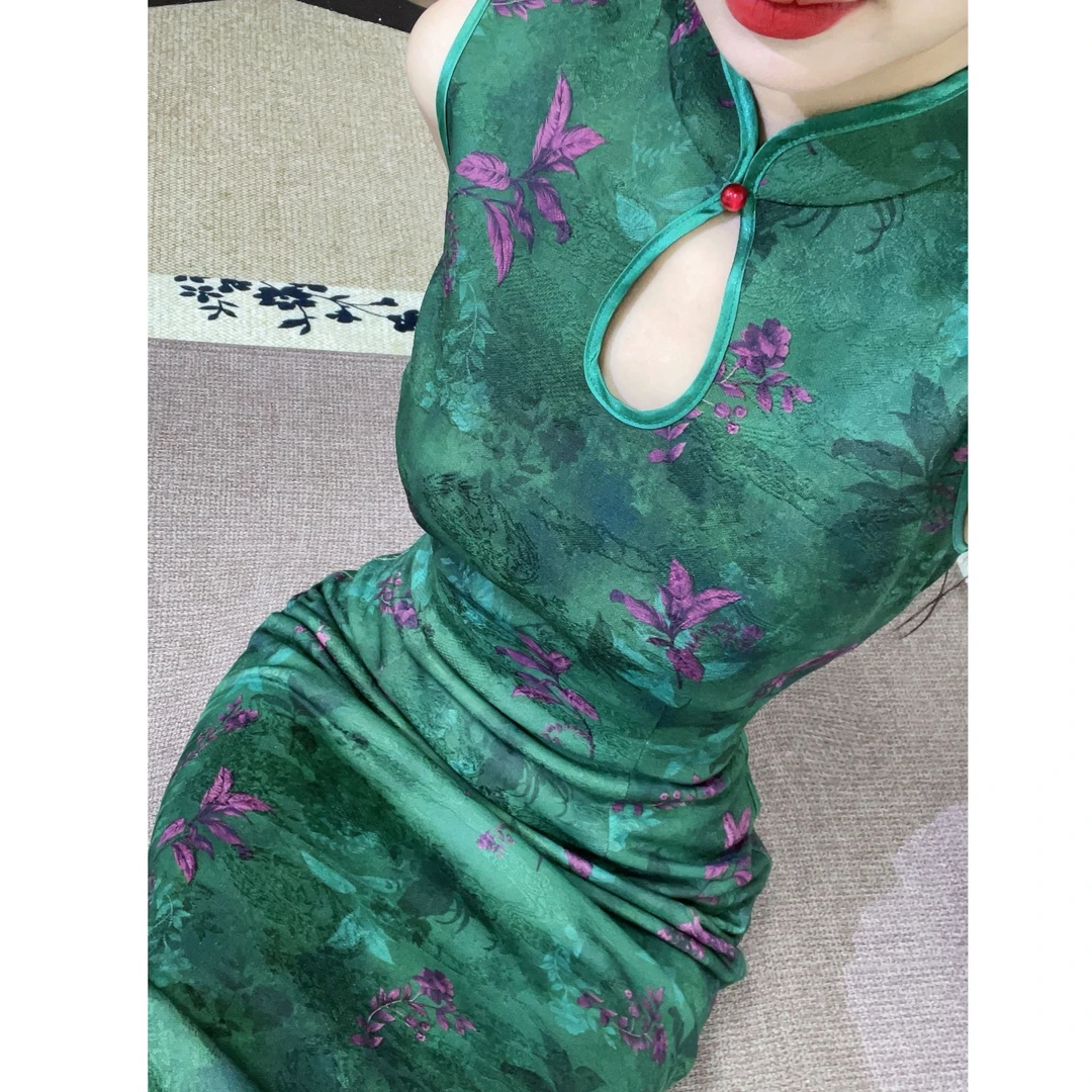 秋辞香~青蕴 无袖水滴领国风修身新中式改良旗袍连衣裙