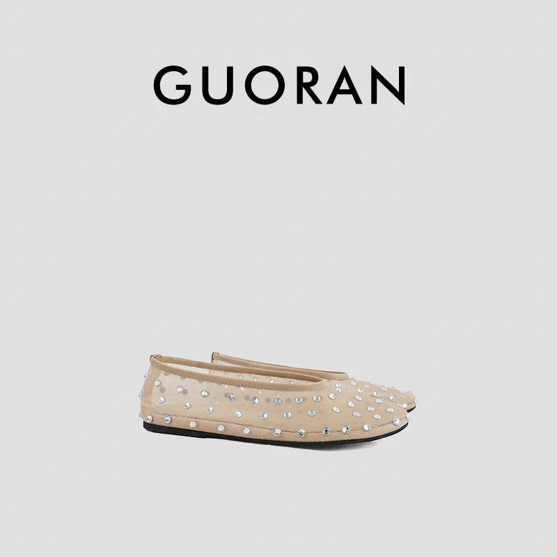 明朗结构重塑网纱镂空水钻隐现圆头套穿平底芭蕾舞鞋