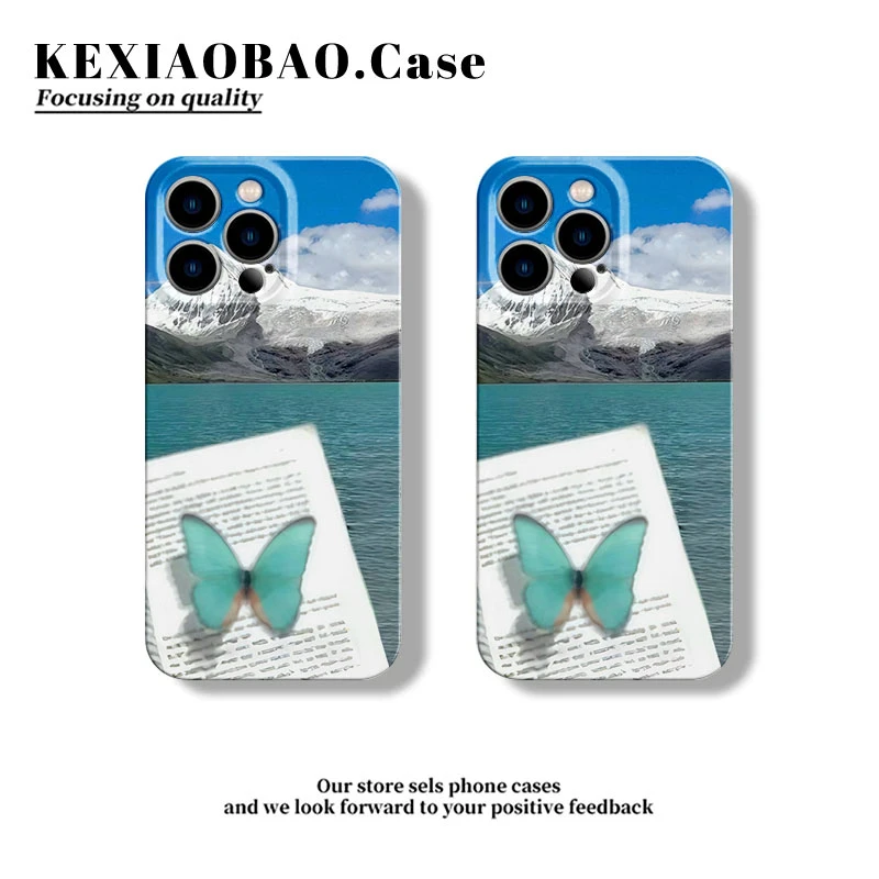 蓝天书中蝴蝶适用苹果16p手机壳简约华为mate60pro创意小米硬软壳
