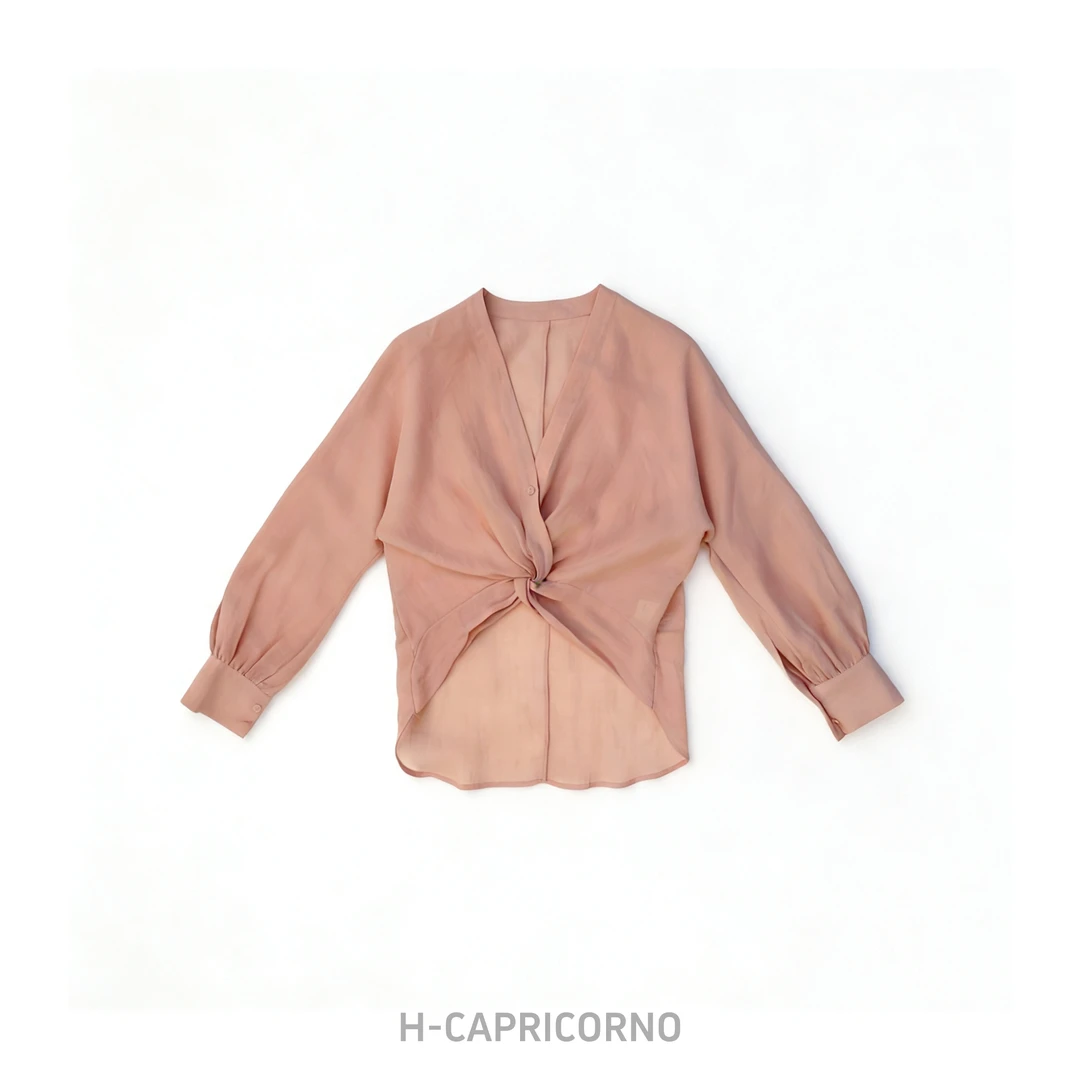 H-CAPRICORNO时髦苎麻立裁扭结落肩短后长粉罩衫衬衫
