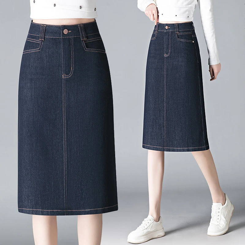 牛仔半身裙女长款2025春季新款高腰显瘦后开叉过膝A字包臀裙