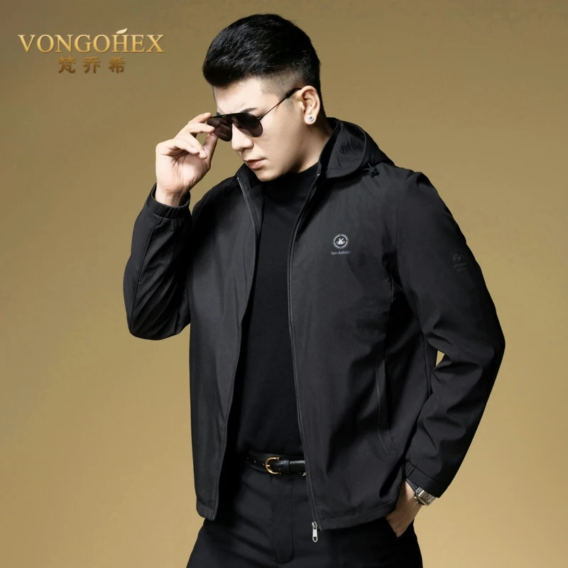 VONGOHEX休闲商务夹克男士春秋新款潮流防风上衣宽松连帽茄克外套