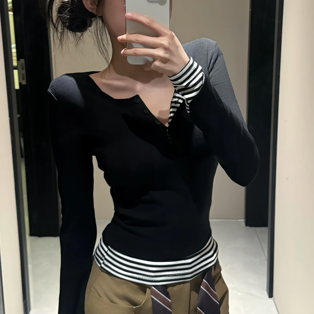 艺等韩系秋冬新款条纹撞色拼接假两件长袖简约百搭打底T恤女上衣