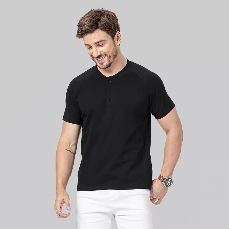 短袖T恤上衣男复古亨利领男款凉感纯色休闲短袖T恤插肩袖透气夏季
