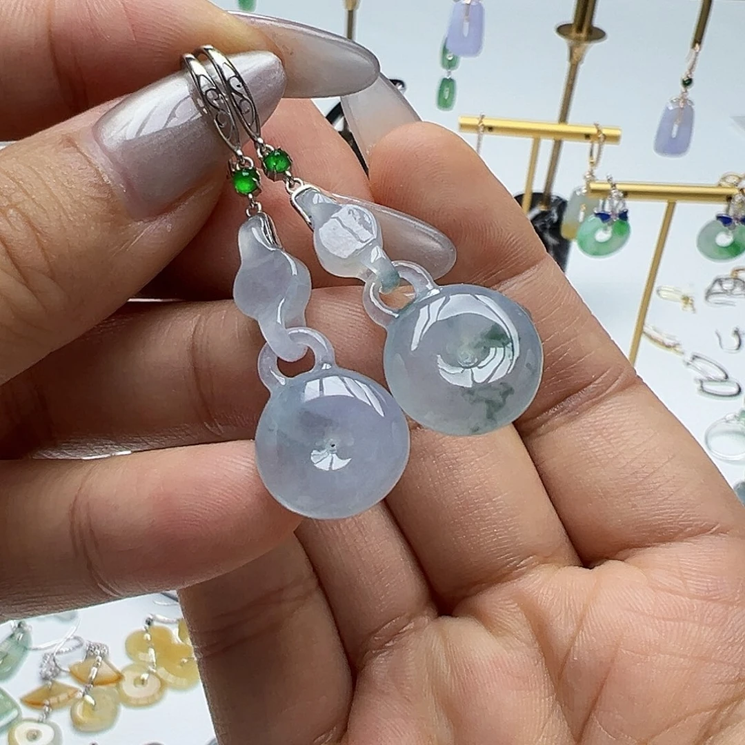 冷***玉翡翠18K金镶嵌耳饰天然缅甸A货翡翠