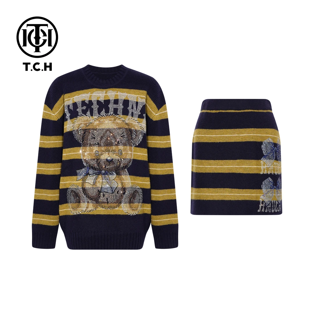 TCH【懒人穿搭/官搭推荐】冬款时尚烫钻藏青女装套装T75D07E1062