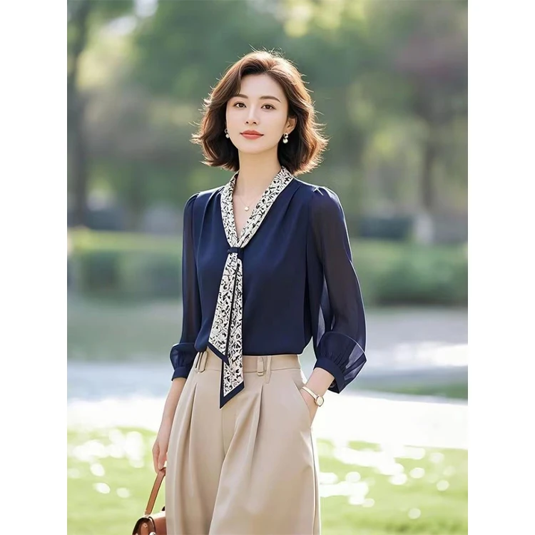 法式高级感上衣超好看独特漂亮洋气小衫飘带藏蓝色长袖衬衫女春季