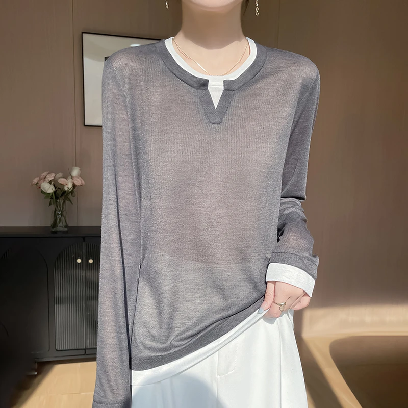 春夏薄款针织女士纯色时尚百搭显瘦打底衫T恤春夏拼接高领上衣