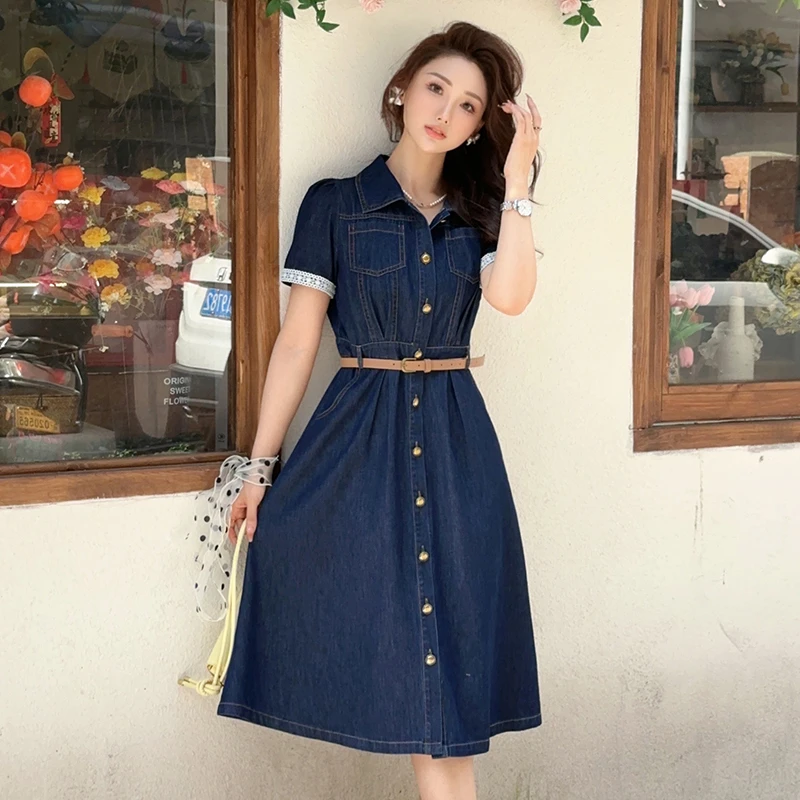 夏季牛仔连衣裙夏季时尚复古显瘦收腰小个子法式气质裙子