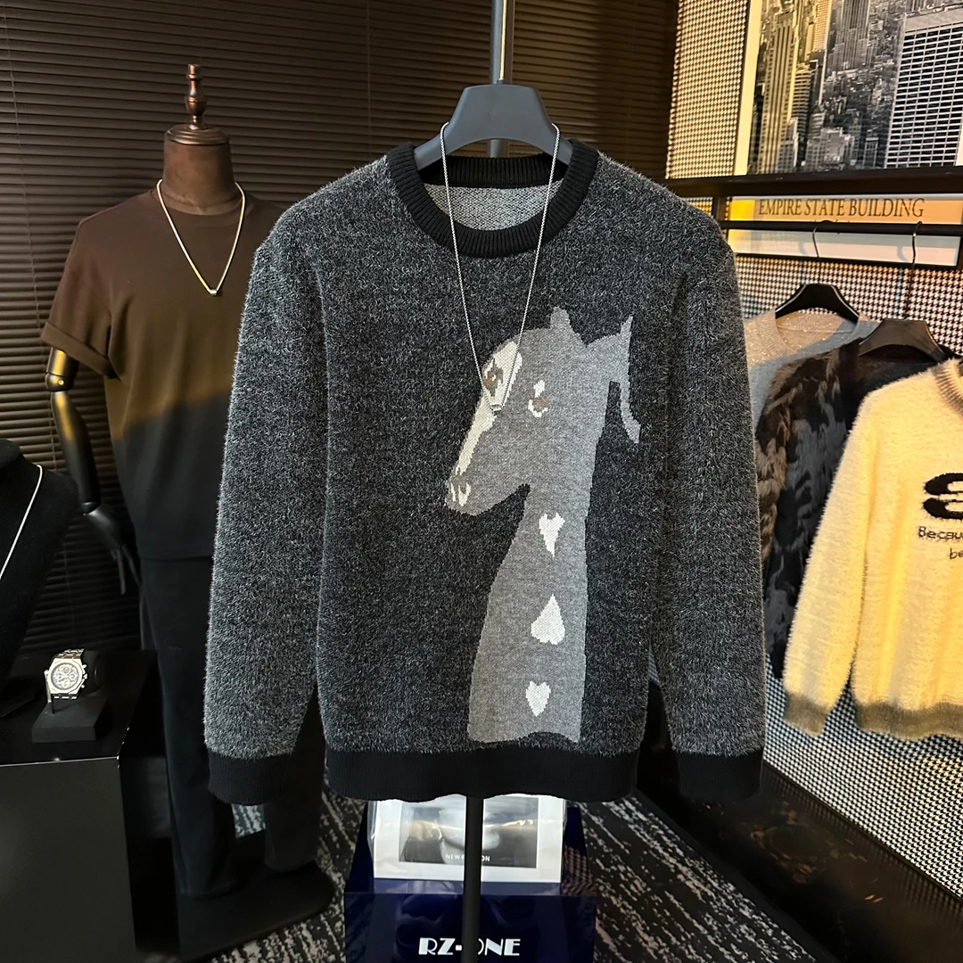 男士冬季高定卡通设计慵懒撞色百搭针织圆领套头保暖毛衣