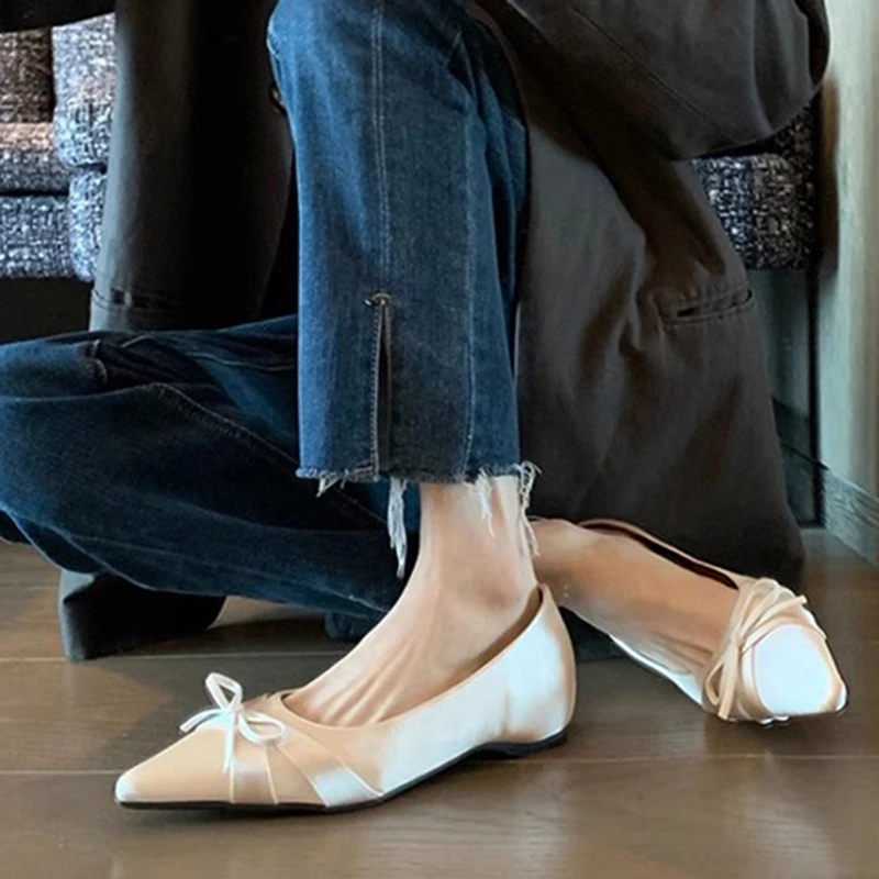 法式晚风浅口瓢鞋内增高绸缎蝴蝶结玛丽珍鞋尖头单鞋女