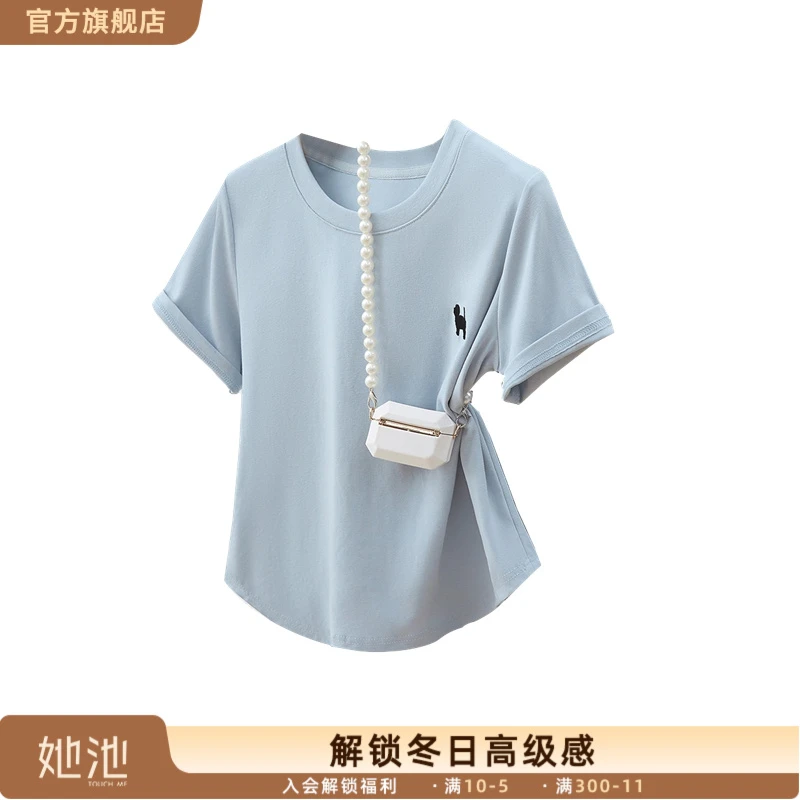 【欧若风】她池2025夏装新款气质女装短款短袖圆领正肩T恤T42X2039T