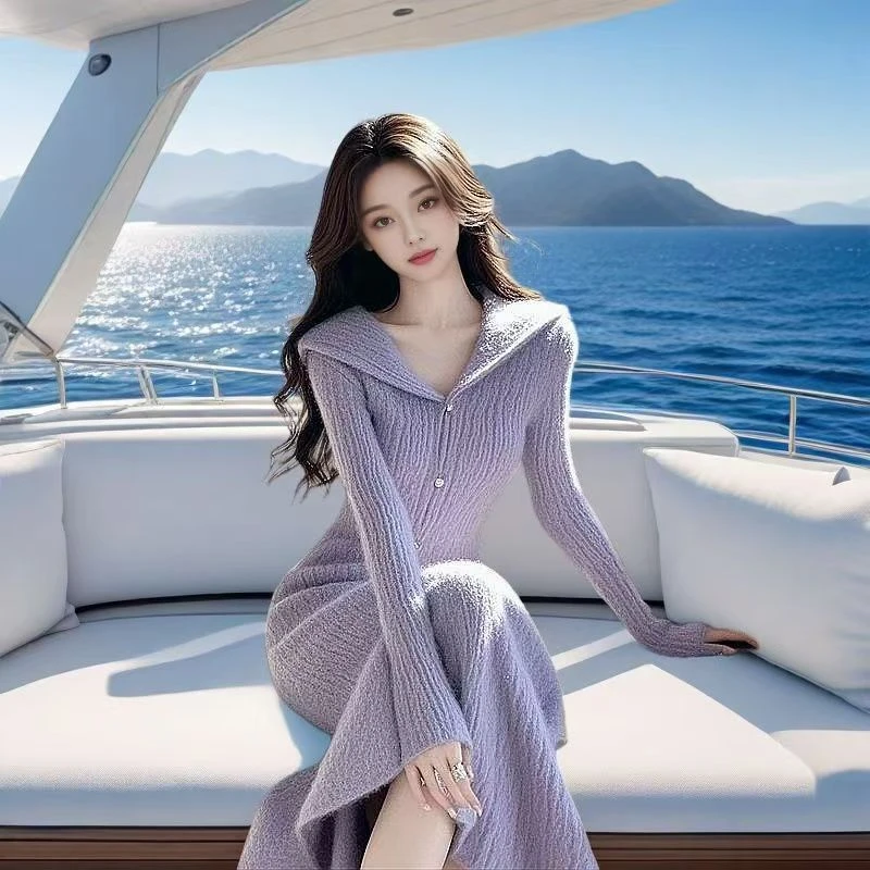 清 秋冬新款连衣裙紫色针织裙子女修身显瘦法式内搭打底毛衣裙