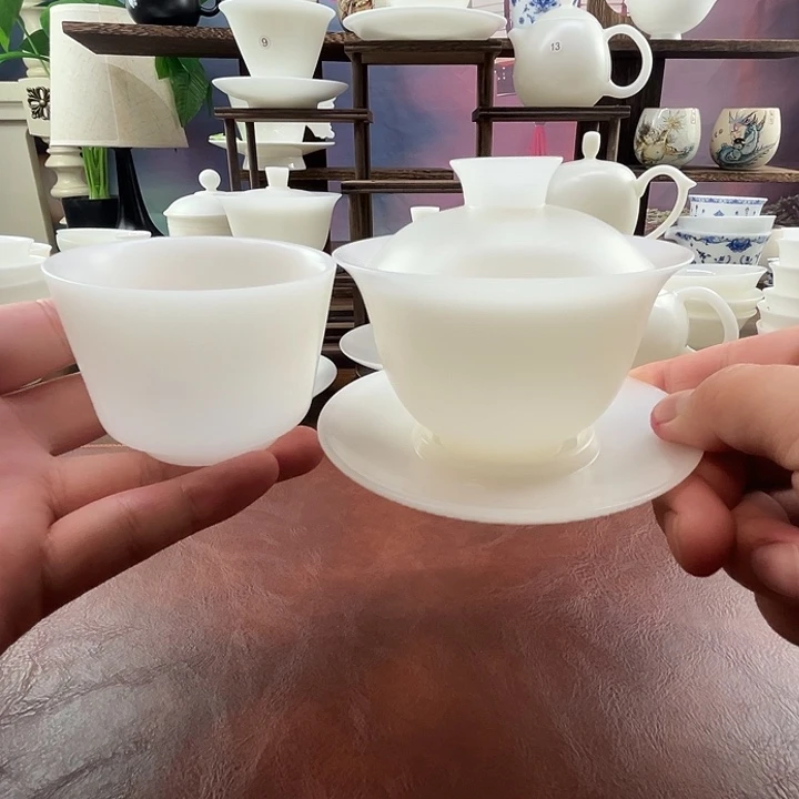 隐唐窑/璞玉素烧自生釉150ml元宝盖碗送马蹄主人杯