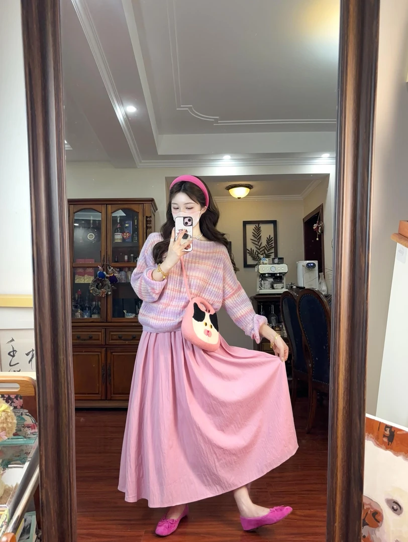 2025春季慵懒减龄彩色条纹套头针织衫粉色大裙摆半身裙时尚两件套
