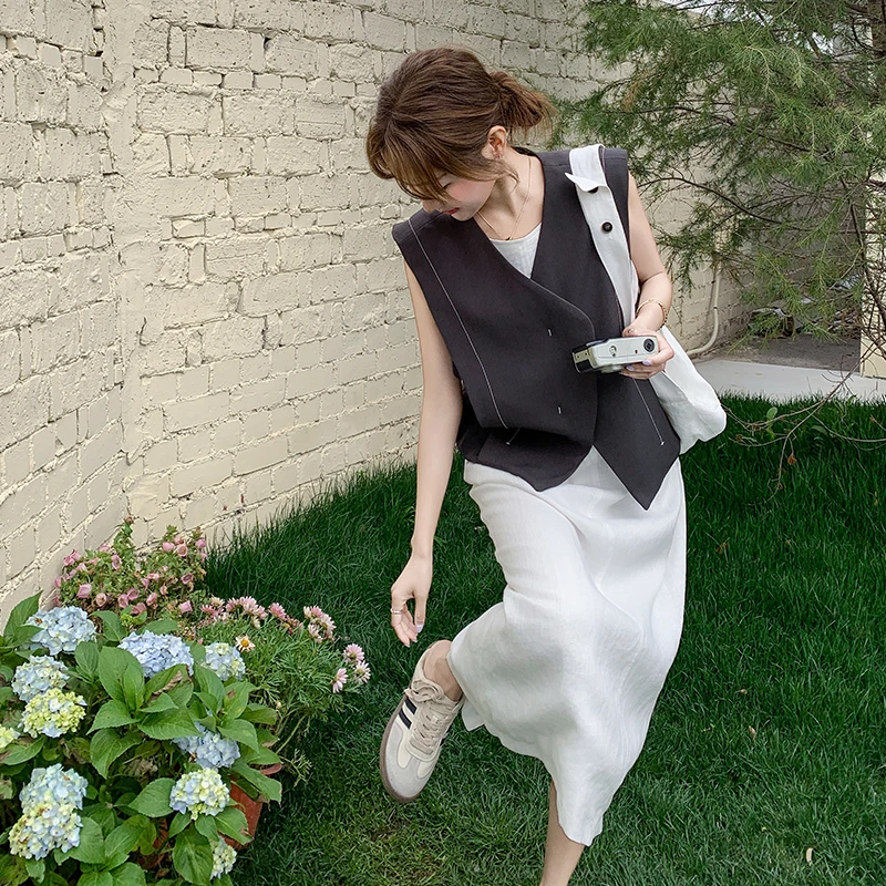 法式简约休闲慵懒风连衣裙套装女夏2025新款爆款设计感马甲两件套