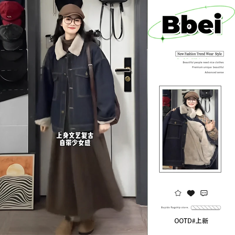2025冬季新款加绒加厚牛仔外套棉服女冬季港风复古设计感宽松上衣