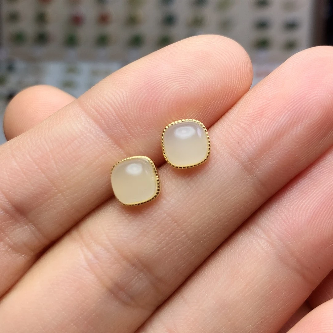 银S925镀金镶嵌和田玉（白玉）耳饰