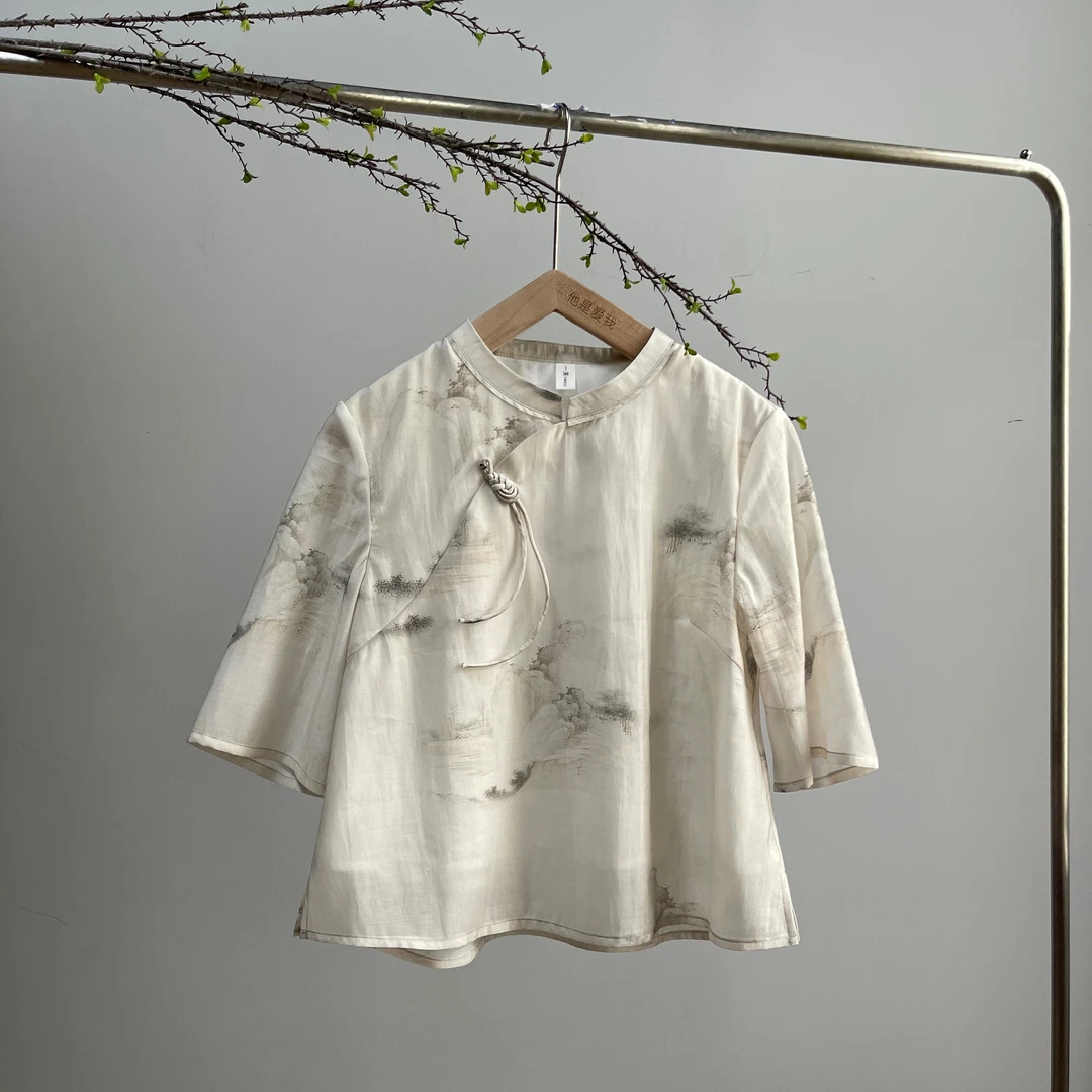 2336上衣《清风迎》设计师夏季新款复古文艺改良立领水墨画上衣