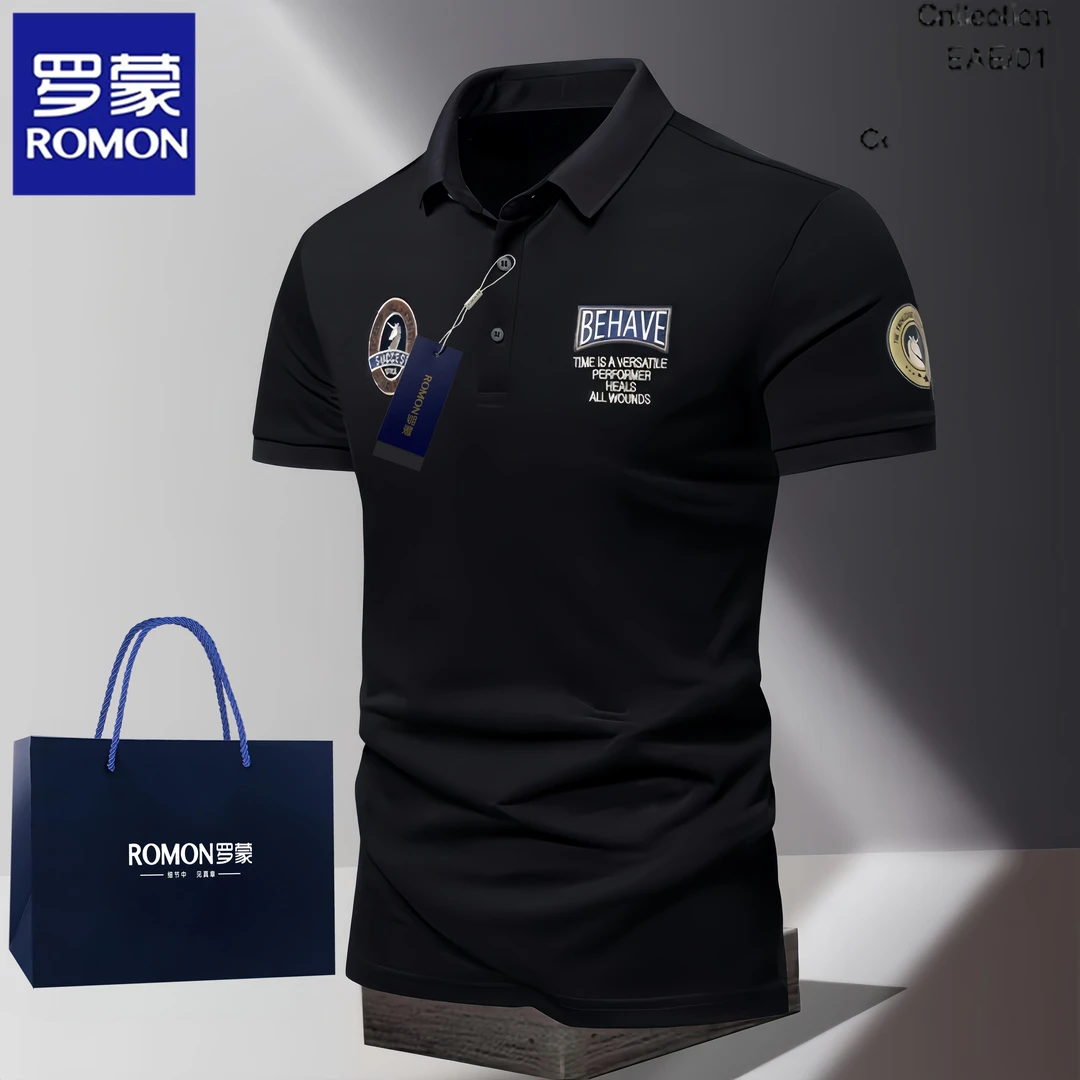 罗蒙新款短袖t恤夏季商务翻领半袖轻奢刺绣时尚男士休闲POLO衫潮t