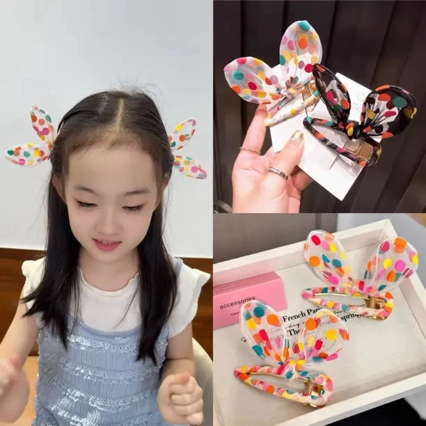 W彩色波点兔耳发夹ins日韩国可爱刘海夹网纱少女侧边夹子发饰女童