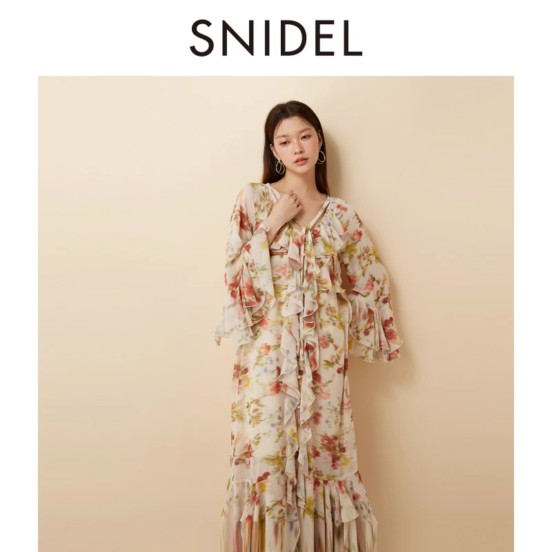 【粉丝专属】SNIDEL优雅V领系带印花荷叶边连衣裙SWFO245055