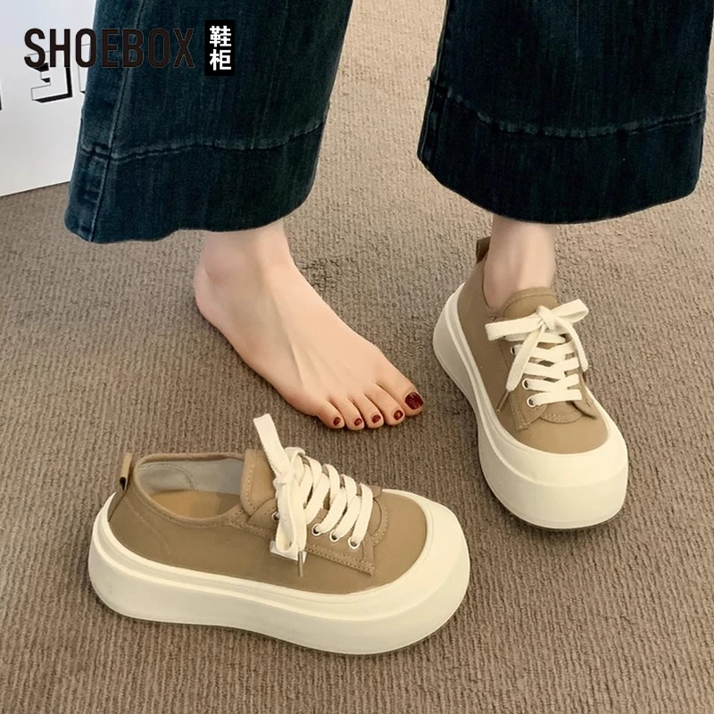 SHOEBOX鞋柜帆布鞋女厚底饼干鞋2025秋季新款百搭透气休闲板鞋