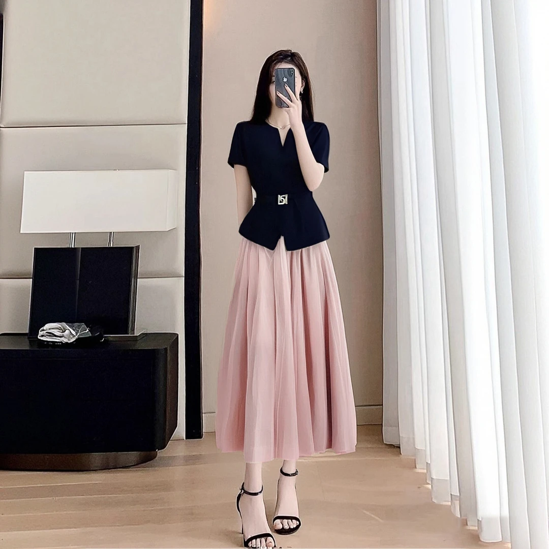 A【两件套】【有里布】2025夏季新时尚轻奢显瘦百搭上衣+半身裙D0871