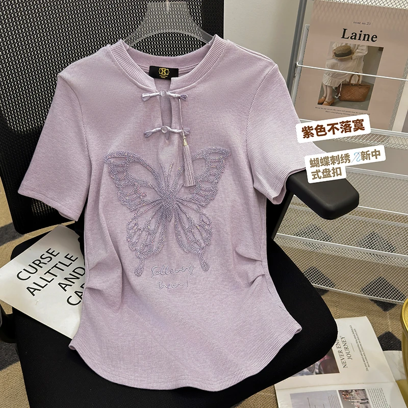 新中式紫色盘扣蝴蝶刺绣短袖T恤女夏季大码胖mm修身短款国风上衣