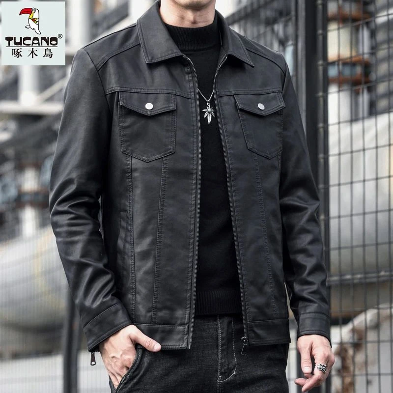 TUCANO/啄木鳥男士翻领机车皮衣新款夹克工装口袋修身春秋皮外套