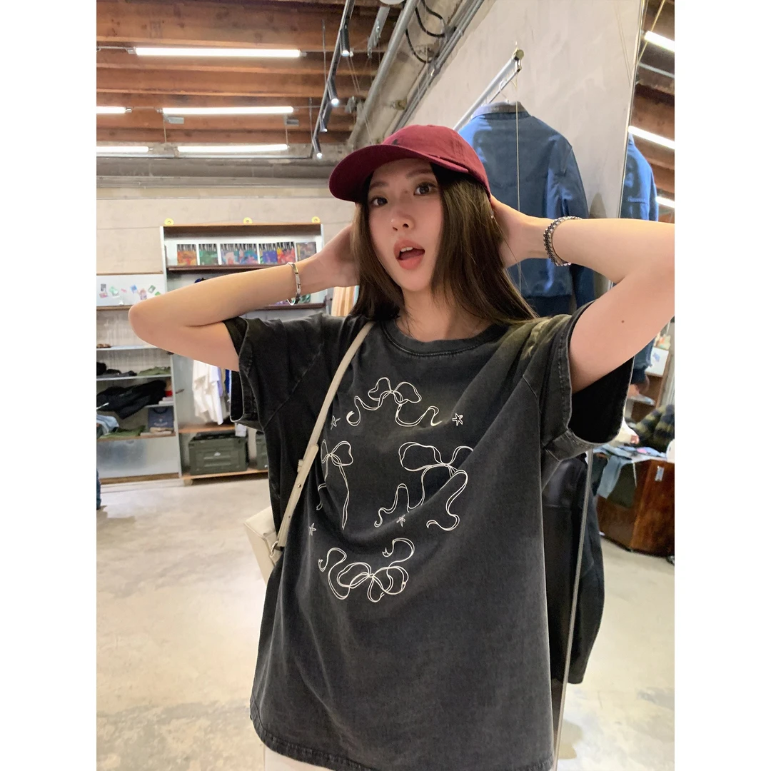 VUMP 25ss水洗做旧灰色短袖t恤女春夏季新款宽松美式复古印花上衣