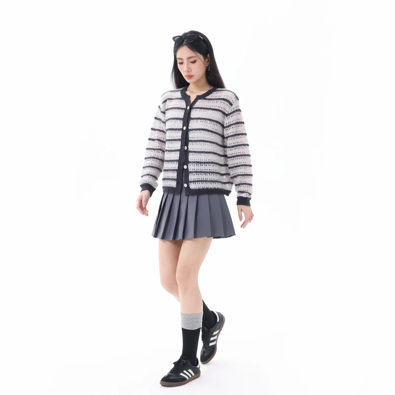 美式复古针织外套2025春秋慵懒风高级感条纹毛衣开衫百搭宽松上衣