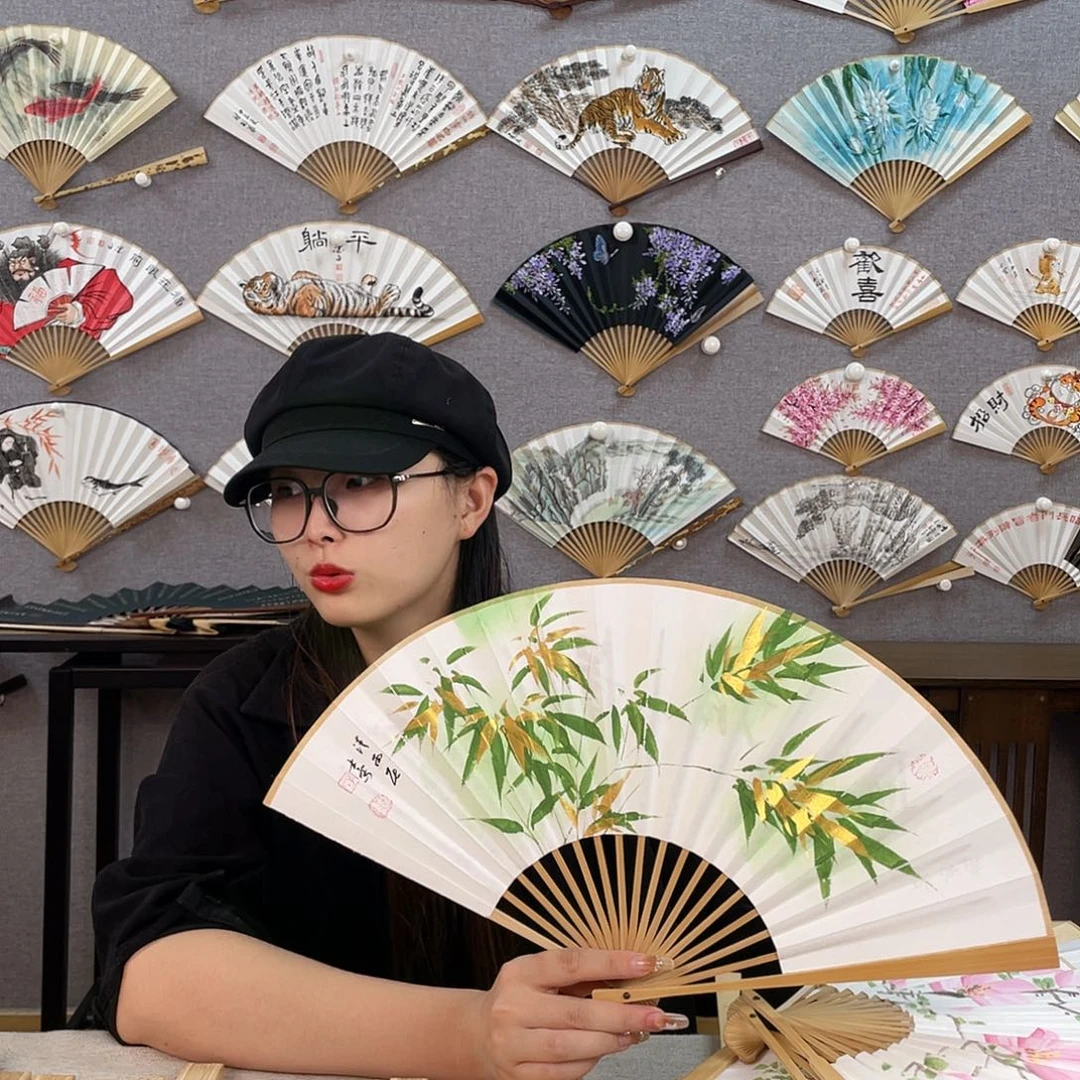 国画8寸玉竹-纯手绘-文玩扇骨（默认粘好）