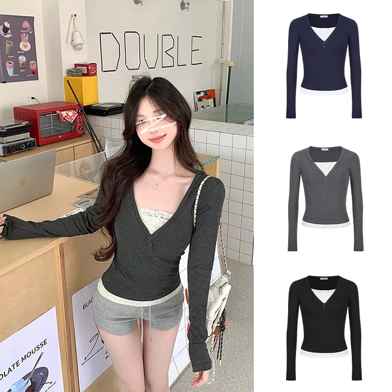 Moses Queen/魔西女王撞色假两件v领长袖T恤拼接收腰纯欲打底上衣