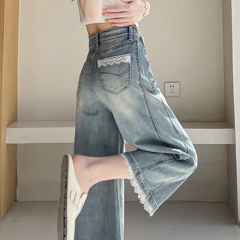 蜜蜜穿搭复古蕾丝花边七分阔腿牛仔裤女2025夏小个子六分奶奶裤子