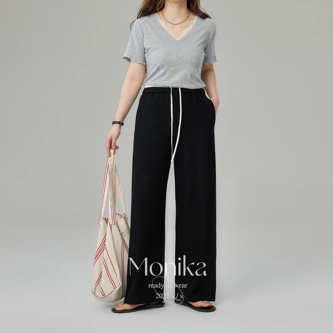 大码女装2025夏季新款胖MM显瘦撞色拼接直筒松紧腰休闲裤子4917