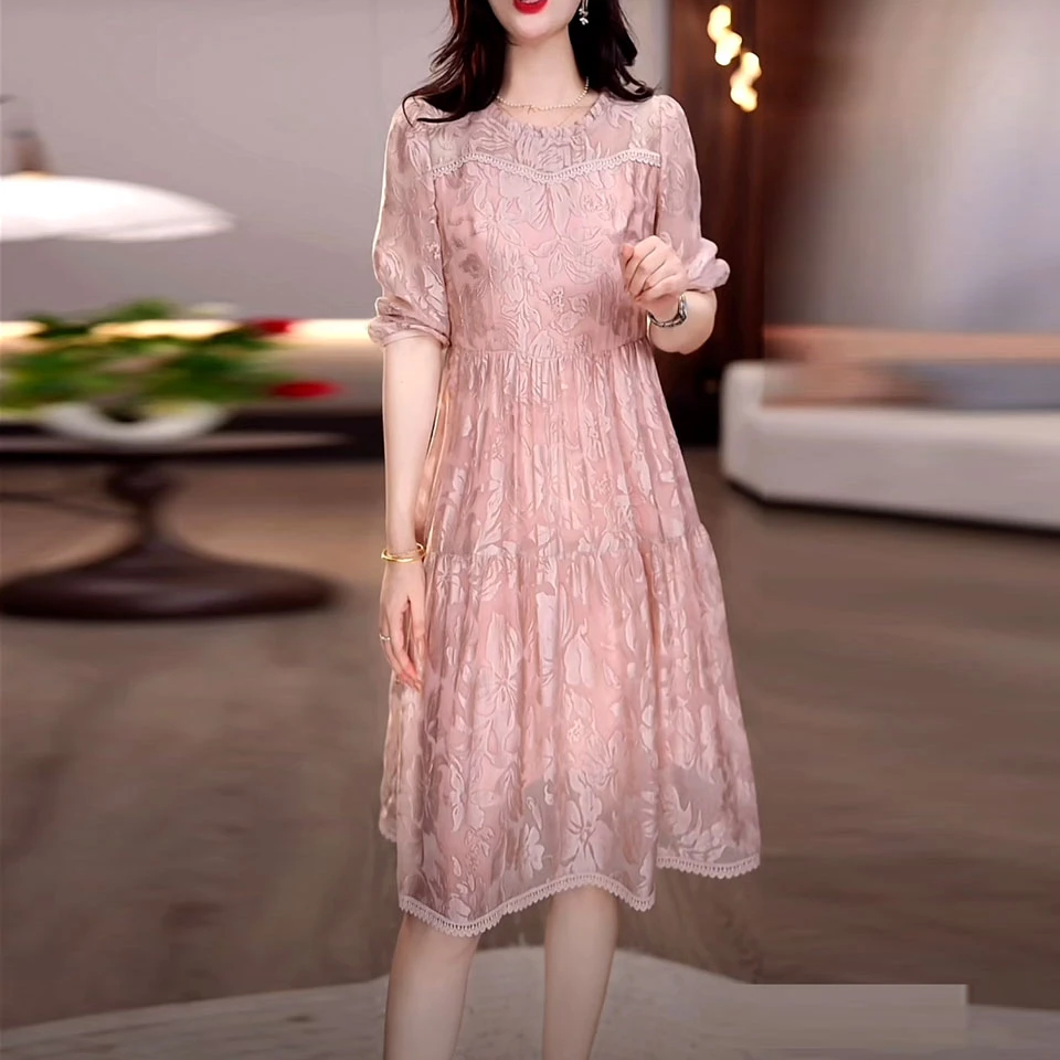 莱赛尔天丝时尚气质提花礼服裙2025早秋七分袖修身显瘦洋气连衣裙