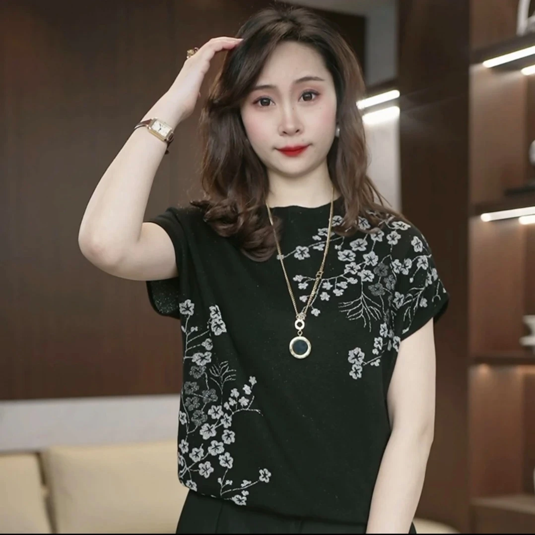 复古风印花圆领短袖针织衫女款百搭洋气显瘦上衣宽松大码妈妈装
