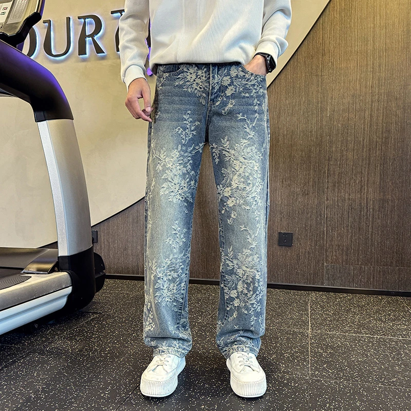仓石一树潮牌复古做旧提花牛仔裤男士秋冬季高级宽松直筒休闲裤