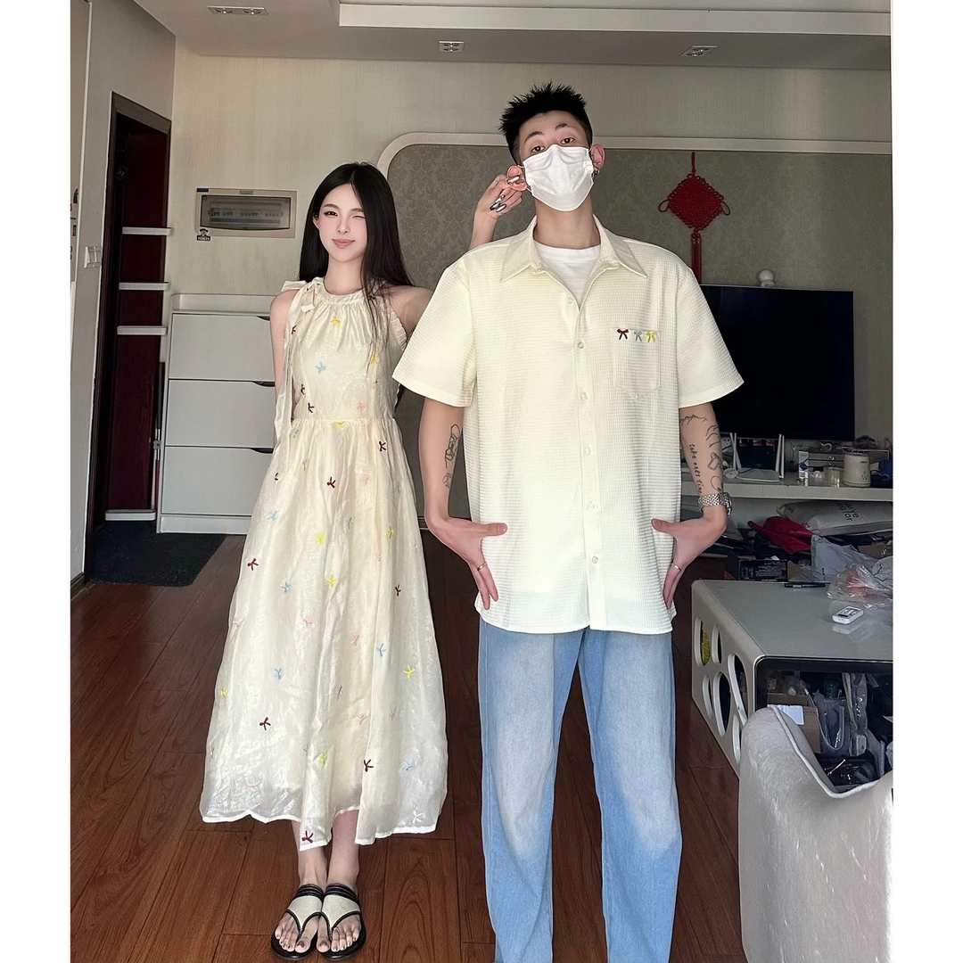 小众设计感情侣装夏季韩版短袖衬衫男女连衣裙法式一裙一衣ins潮