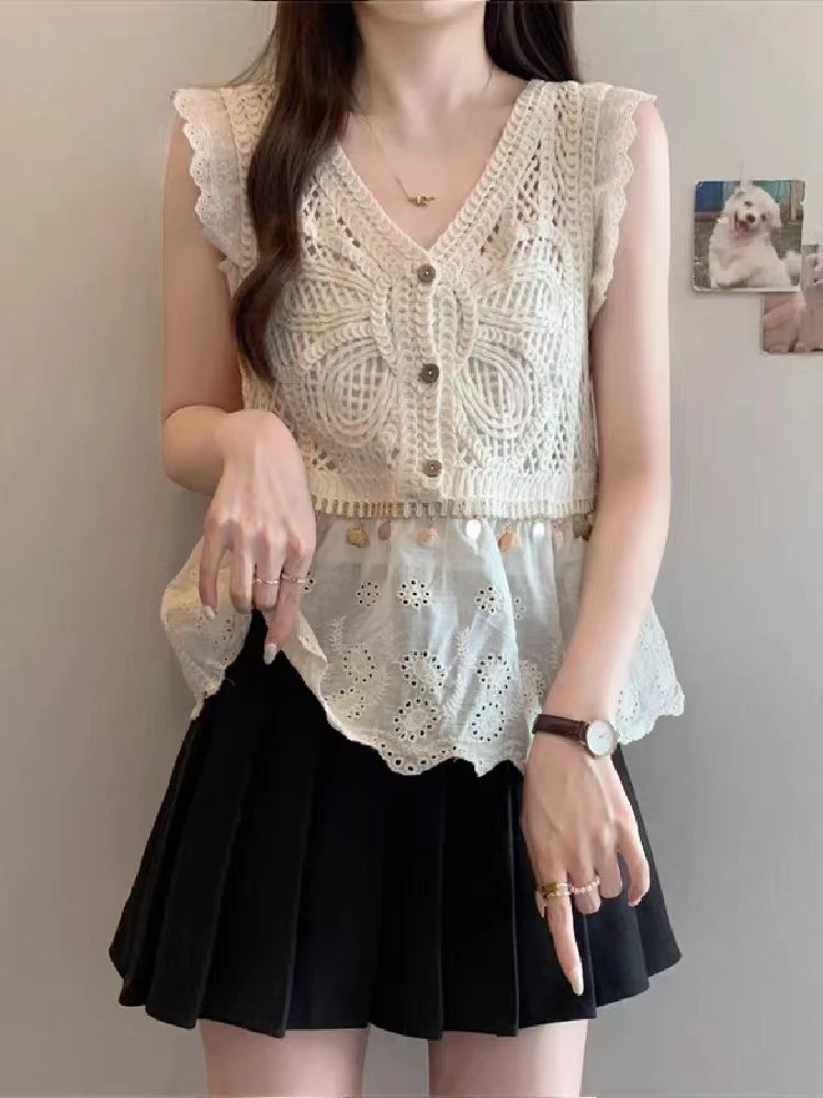 法式镂空钩花针织背心吊带夏季显瘦新款无袖宽松上衣针织衫
