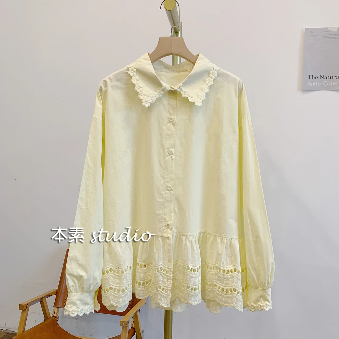 奶梨酥C3401纯色蕾丝拼接全开扣贴花翻领衬衫