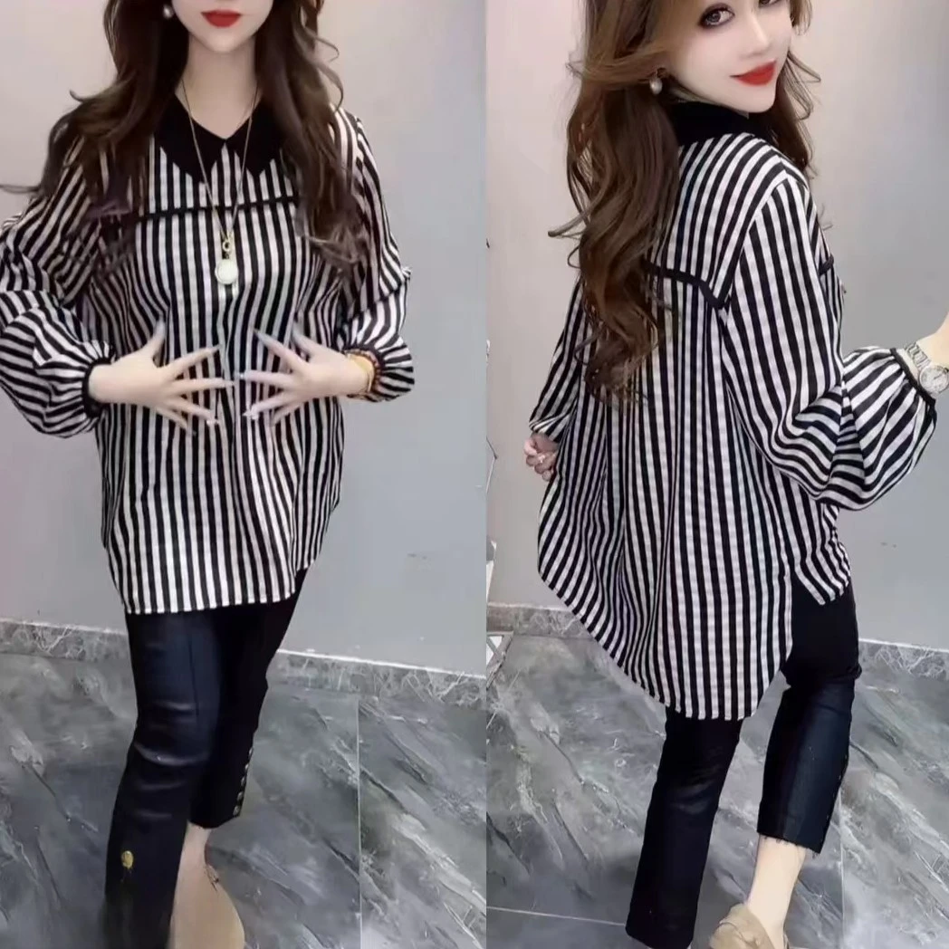 2025新款长袖条纹拼接纽扣设计漂亮衬衫时尚百搭洋气女款上衣