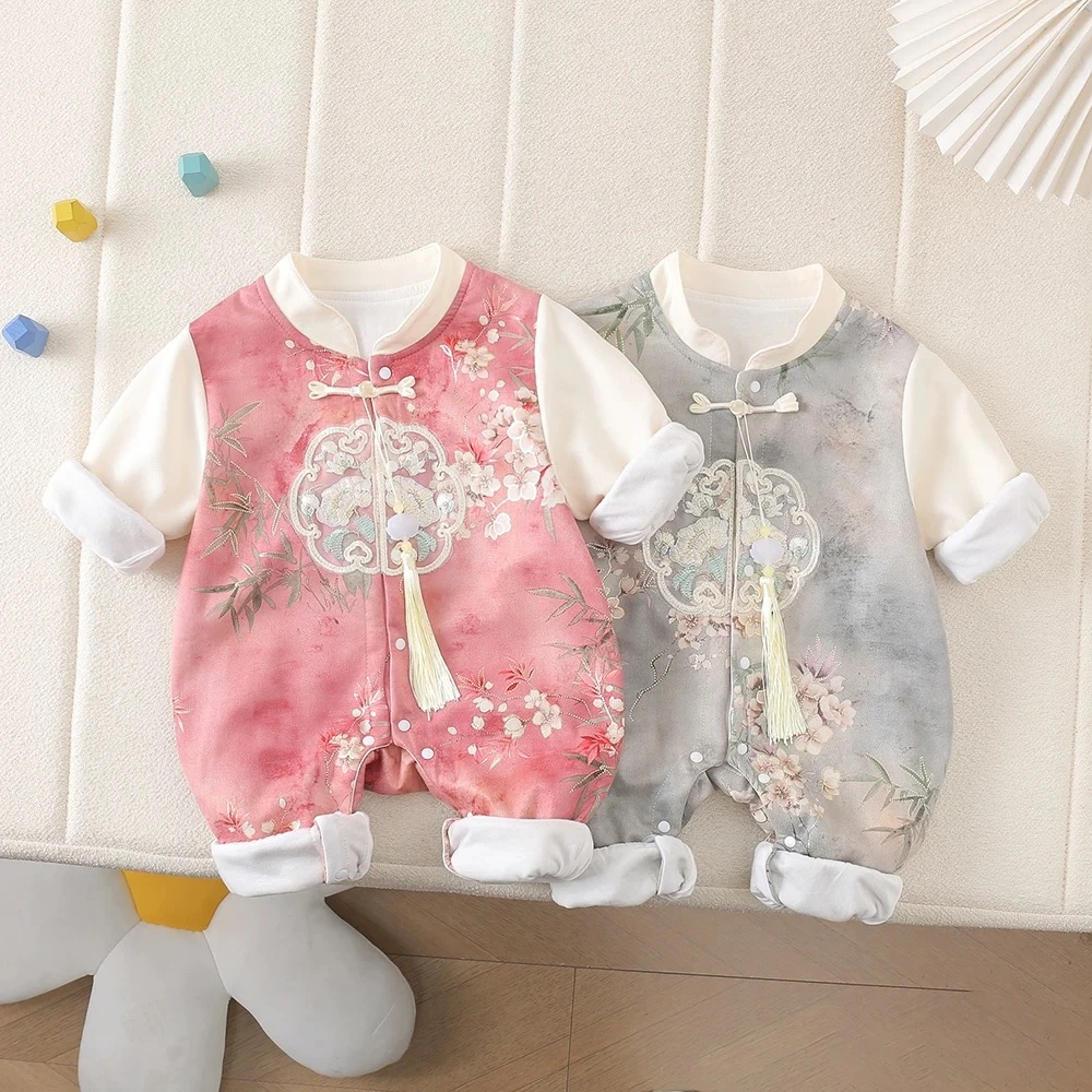 中式婴儿衣服宝宝秋装连体唐装超萌满月百天周岁礼服春秋季外出服