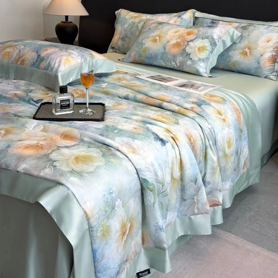 【春野】蓝绿夏凉被四件套可机洗裸睡空调被子数码印花凉感夏被