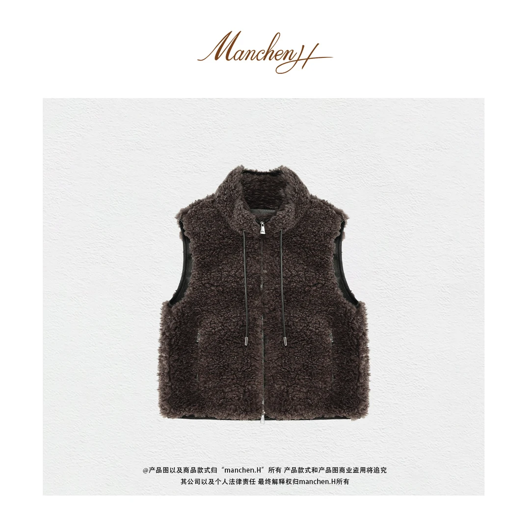曼辰manchenh"大地风暴"防羊羔毛立领气质马甲